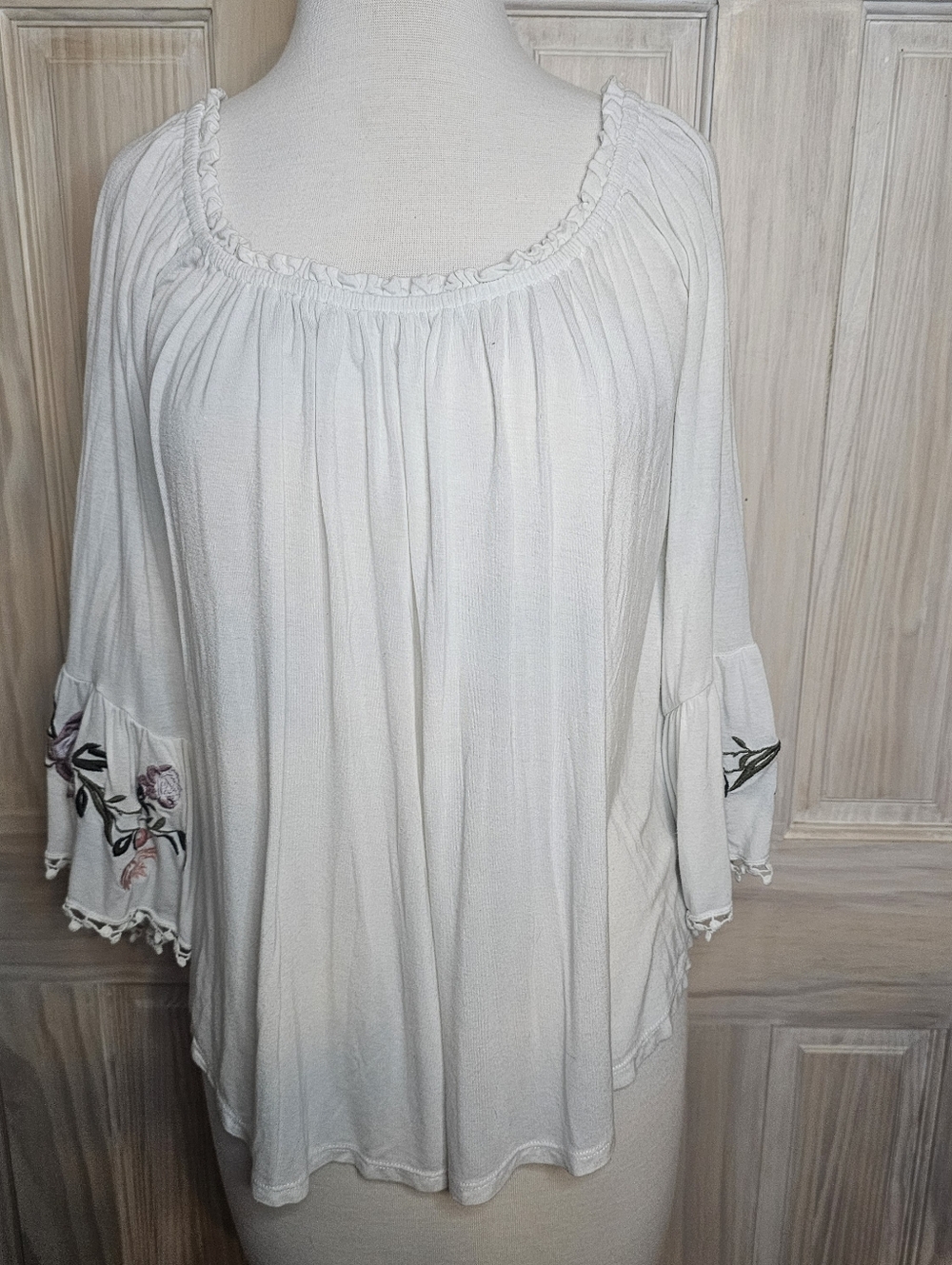 Xhilaration Women's Cream Peasant Blouse with Embroidered Bell Sleeves